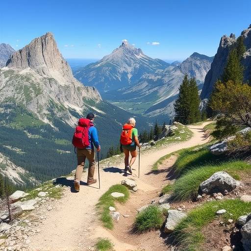 Escursionisti che percorrono un sentiero di montagna sulle Dolomiti, Trentino-Alto Adige