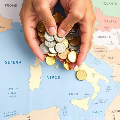 Mani che contano monete euro su una mappa dell'Italia