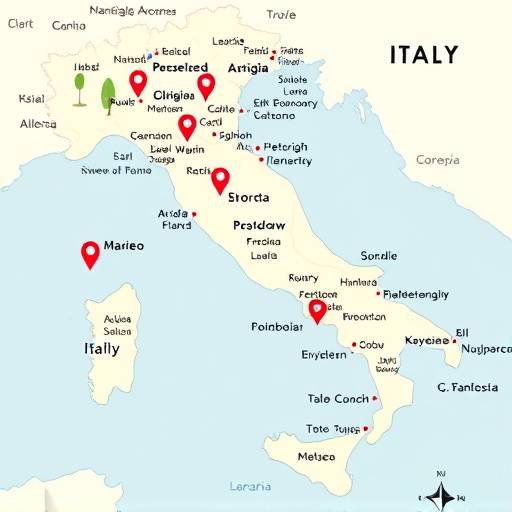 Mappa dell'Italia con marcatori che indicano destinazioni popolari come Roma, Firenze e Venezia