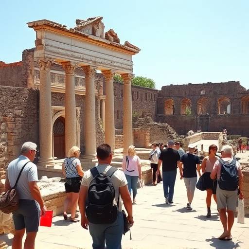 Turisti che visitano gli scavi archeologici di Pompei, Campania